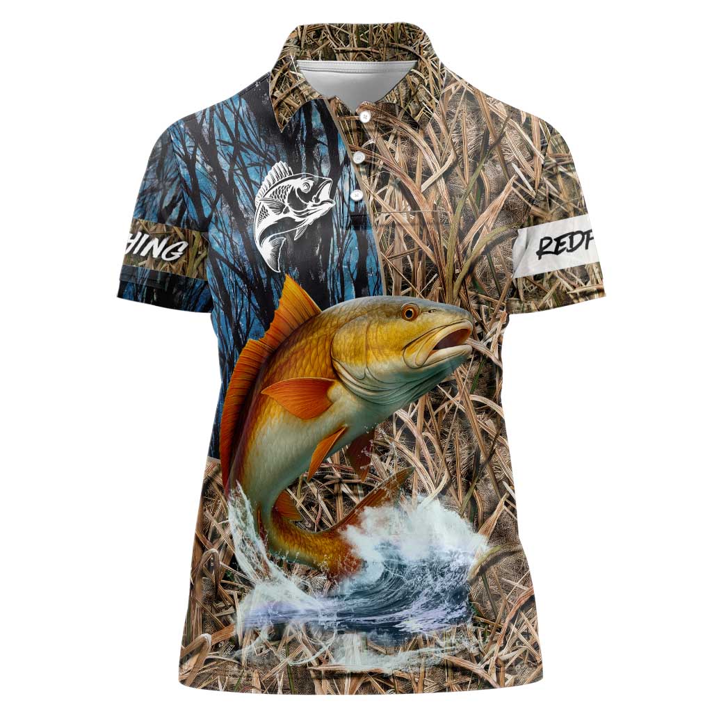 Redfish Splashing in Marsh Grass Women Polo Shirt Custom Name and Nature Background Design - Wonder Print Shop