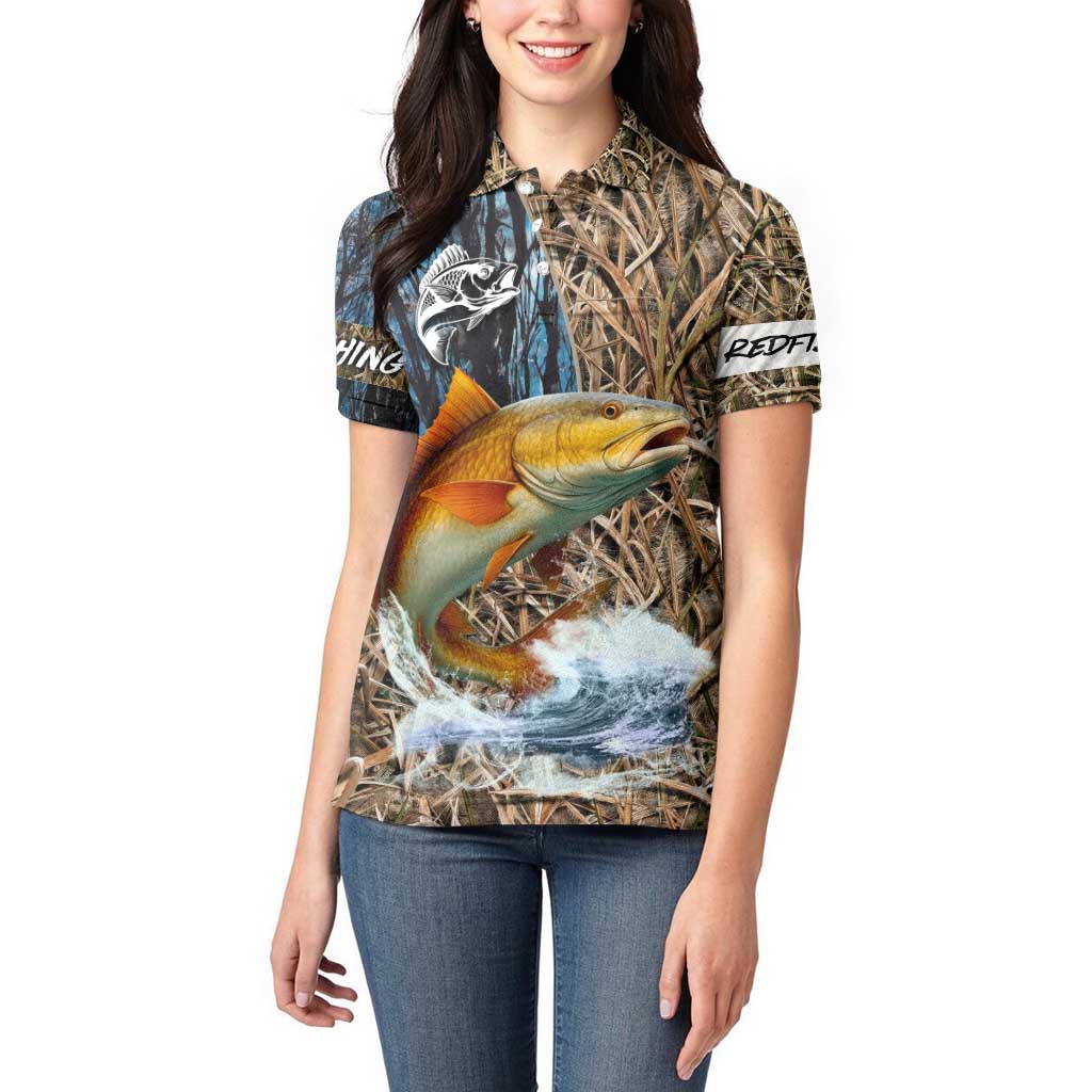 Redfish Splashing in Marsh Grass Women Polo Shirt Custom Name and Nature Background Design - Wonder Print Shop