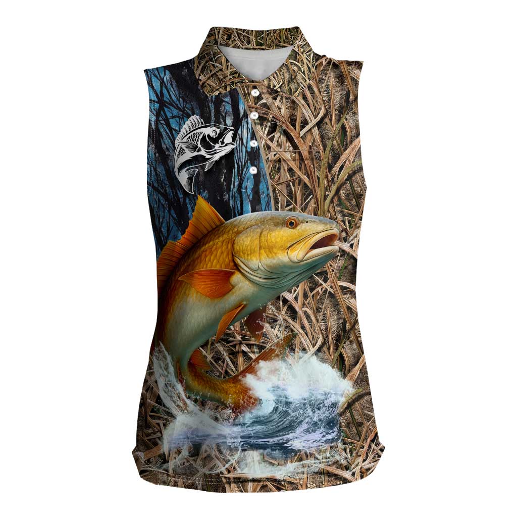 Redfish Splashing in Marsh Grass Women Sleeveless Polo Shirt Custom Name and Nature Background Design - Wonder Print Shop