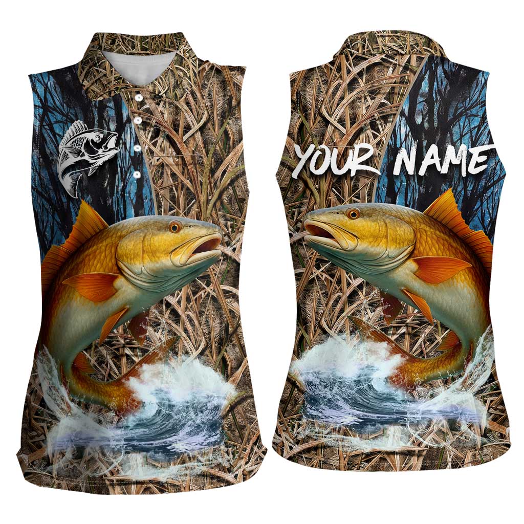 Redfish Splashing in Marsh Grass Women Sleeveless Polo Shirt Custom Name and Nature Background Design - Wonder Print Shop