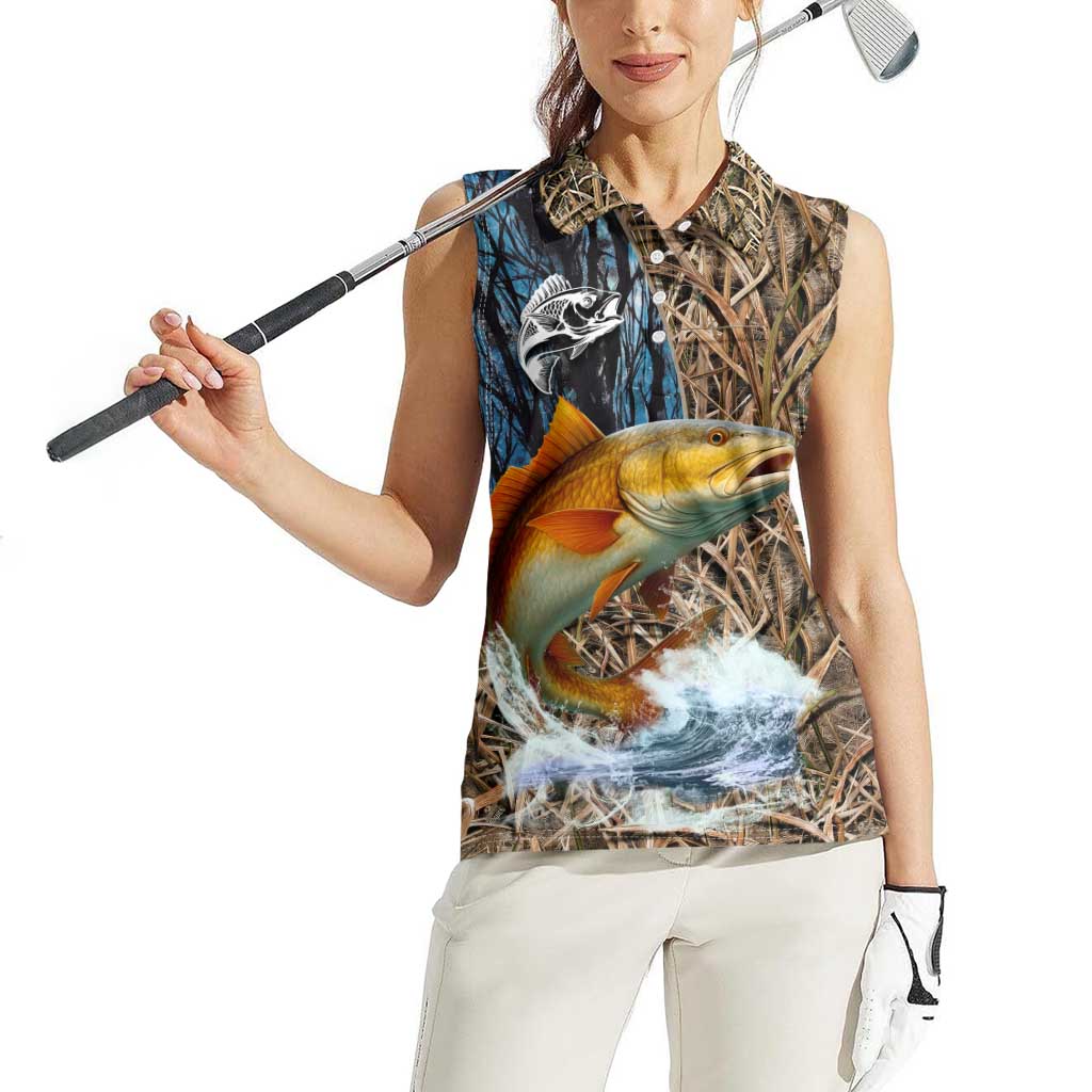 Redfish Splashing in Marsh Grass Women Sleeveless Polo Shirt Custom Name and Nature Background Design - Wonder Print Shop