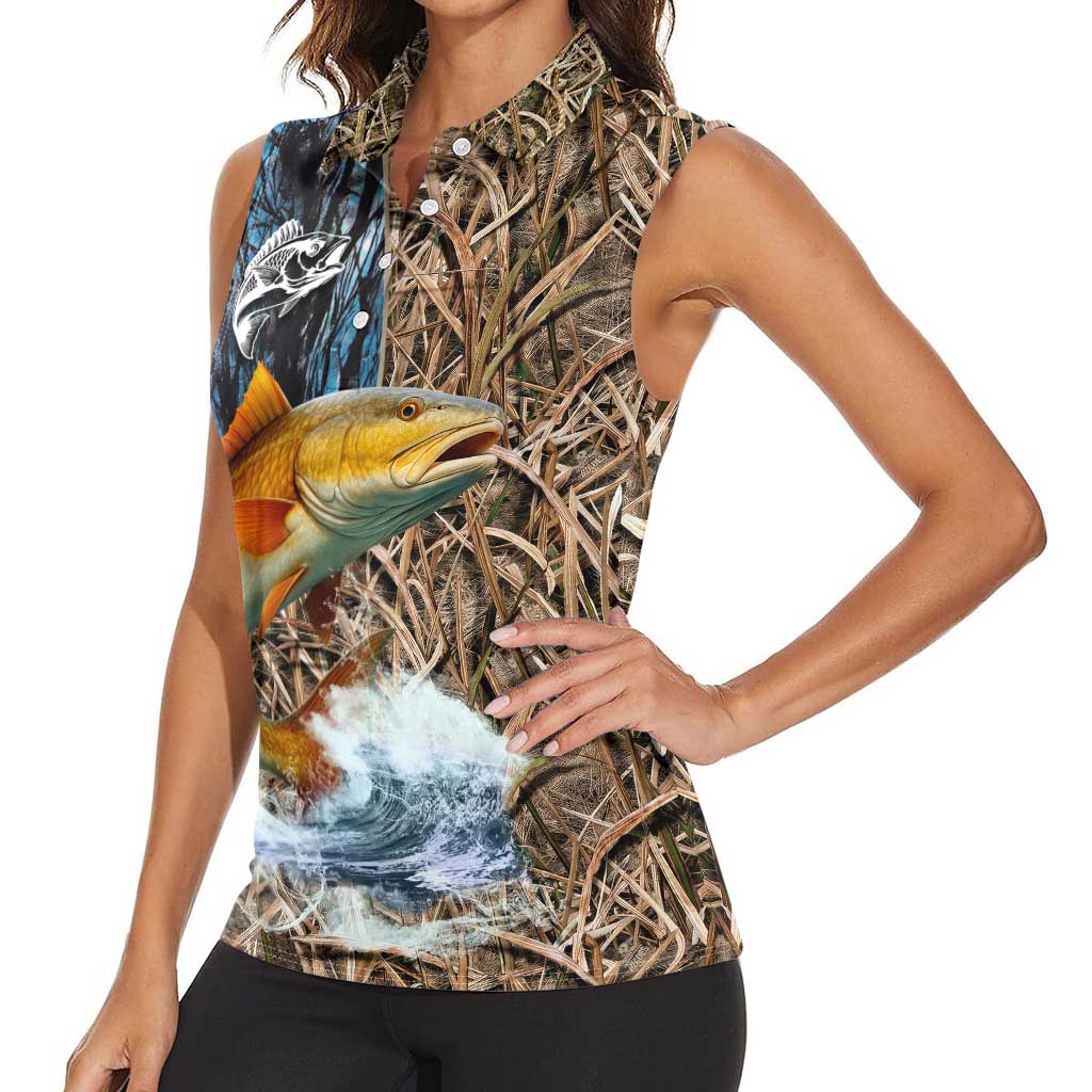 Redfish Splashing in Marsh Grass Women Sleeveless Polo Shirt Custom Name and Nature Background Design - Wonder Print Shop