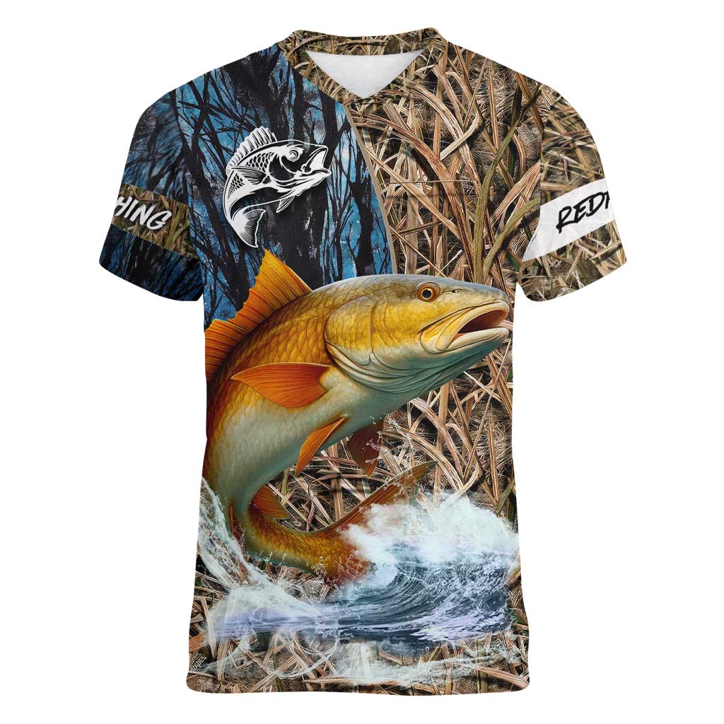 Redfish Splashing in Marsh Grass Women V-Neck T-Shirt Custom Name and Nature Background Design - Wonder Print Shop