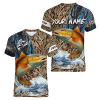 Redfish Splashing in Marsh Grass Women V-Neck T-Shirt Custom Name and Nature Background Design - Wonder Print Shop