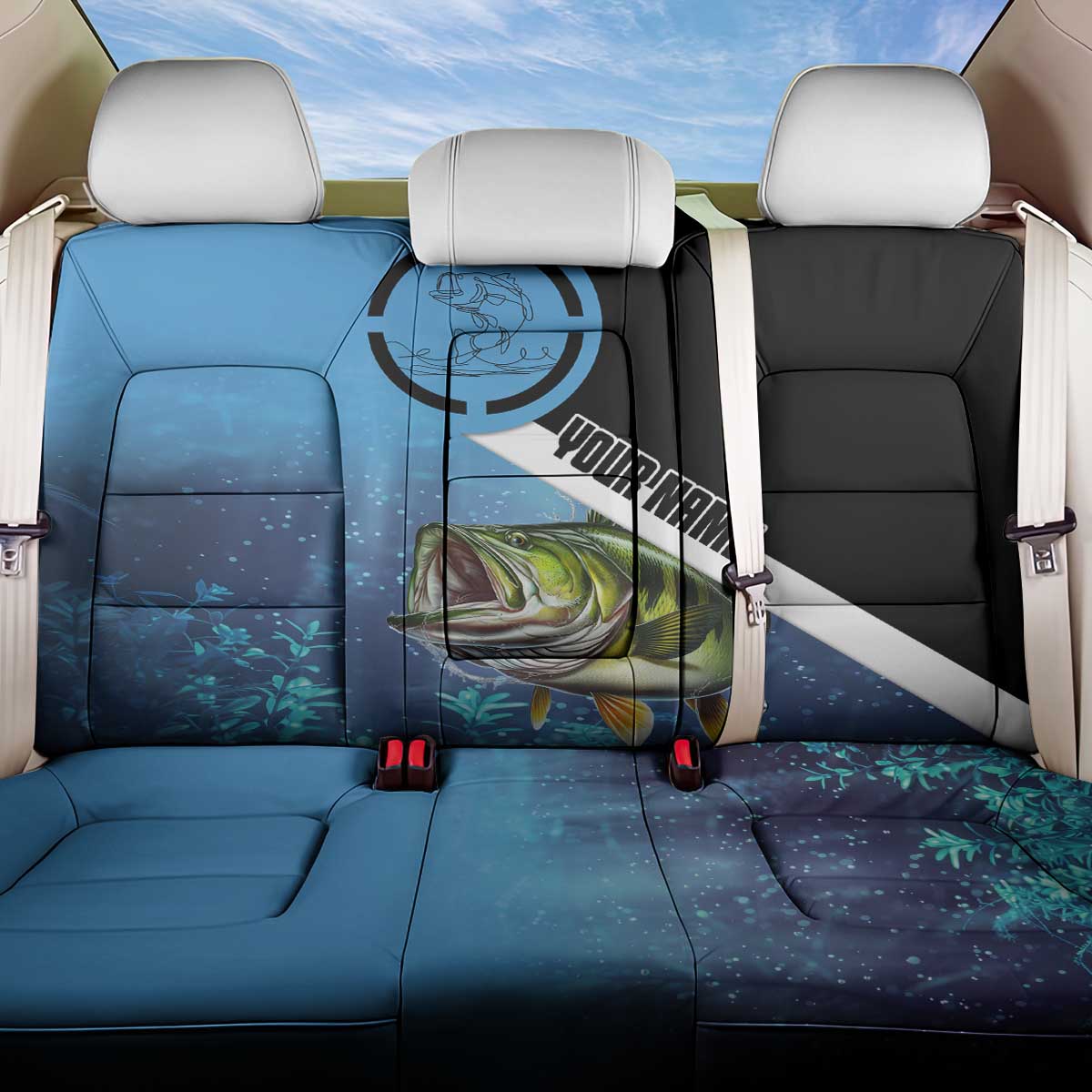 Largemouth Bass Fishing Underwater Graphic Back Car Seat Cover Mountain Silhouette and Custom Name Design - Wonder Print Shop