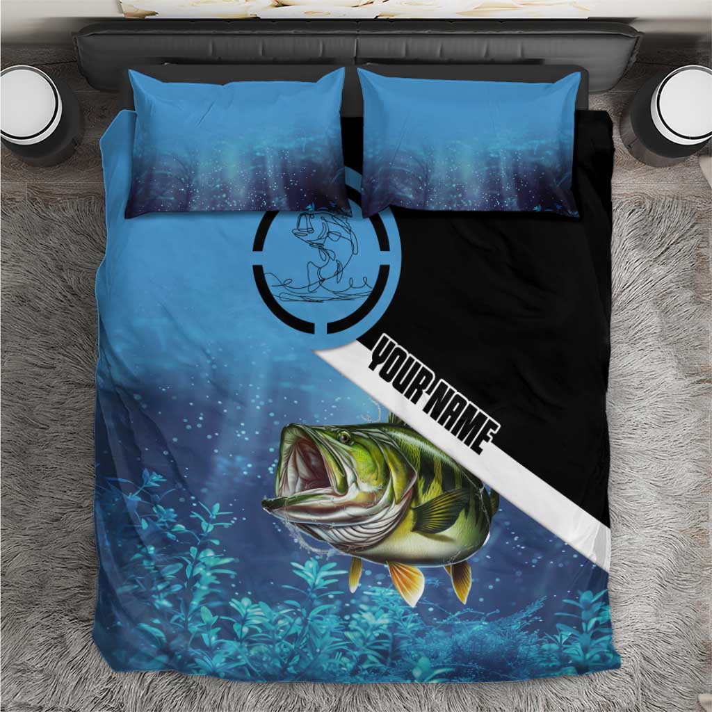Largemouth Bass Fishing Underwater Graphic Bedding Set Mountain Silhouette and Custom Name Design - Wonder Print Shop