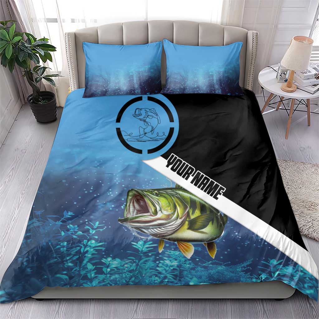 Largemouth Bass Fishing Underwater Graphic Bedding Set Mountain Silhouette and Custom Name Design - Wonder Print Shop