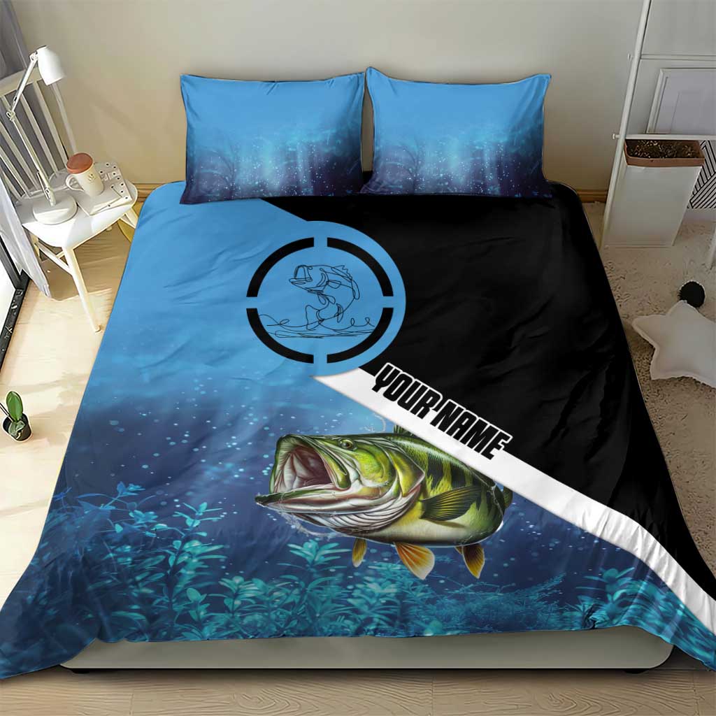 Largemouth Bass Fishing Underwater Graphic Bedding Set Mountain Silhouette and Custom Name Design - Wonder Print Shop