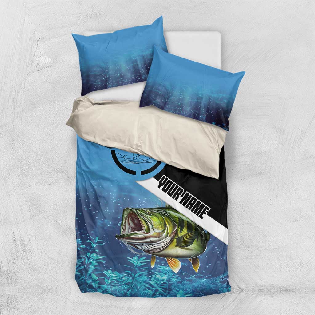 Largemouth Bass Fishing Underwater Graphic Bedding Set Mountain Silhouette and Custom Name Design - Wonder Print Shop