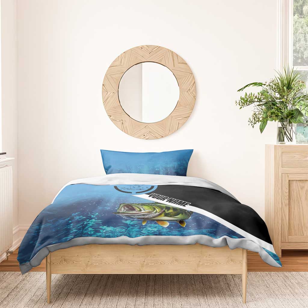 Largemouth Bass Fishing Underwater Graphic Bedding Set Mountain Silhouette and Custom Name Design - Wonder Print Shop