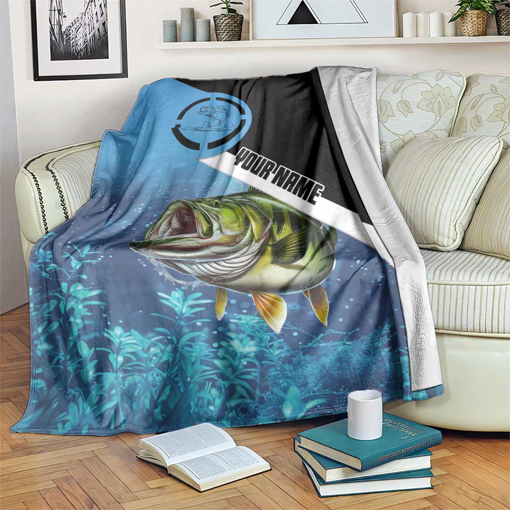 Largemouth Bass Fishing Underwater Graphic Blanket Mountain Silhouette and Custom Name Design - Wonder Print Shop