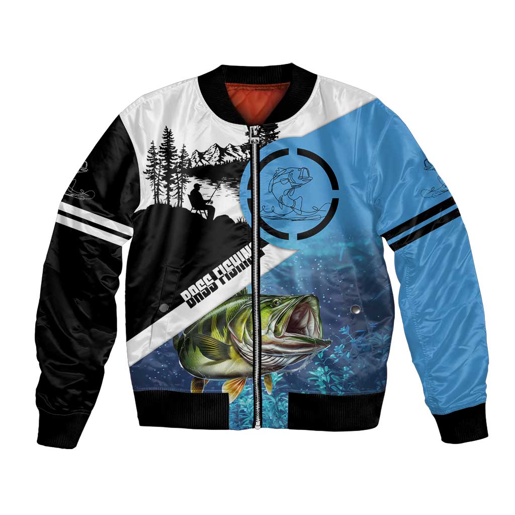 Largemouth Bass Fishing Underwater Graphic Bomber Jacket Mountain Silhouette and Custom Name Design - Wonder Print Shop