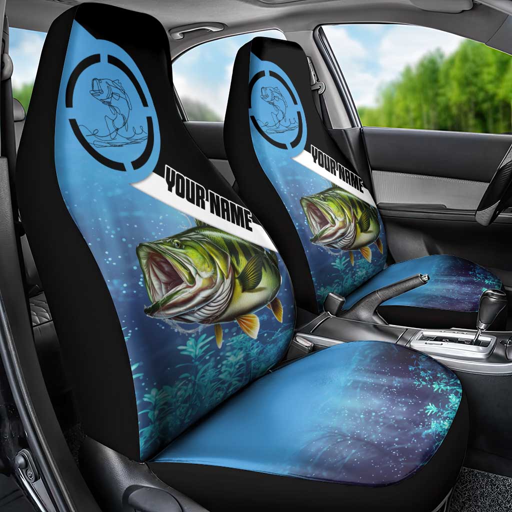 Largemouth Bass Fishing Underwater Graphic Car Seat Cover Mountain Silhouette and Custom Name Design - Wonder Print Shop