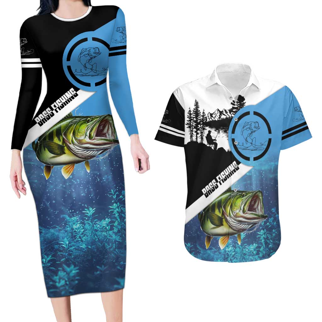 Largemouth Bass Fishing Underwater Graphic Couples Matching Long Sleeve Bodycon Dress and Hawaiian Shirt Mountain Silhouette and Custom Name Design - Wonder Print Shop