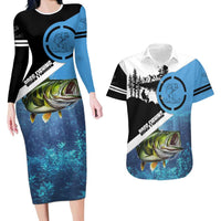 Largemouth Bass Fishing Underwater Graphic Couples Matching Long Sleeve Bodycon Dress and Hawaiian Shirt Mountain Silhouette and Custom Name Design - Wonder Print Shop