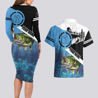Largemouth Bass Fishing Underwater Graphic Couples Matching Long Sleeve Bodycon Dress and Hawaiian Shirt Mountain Silhouette and Custom Name Design - Wonder Print Shop