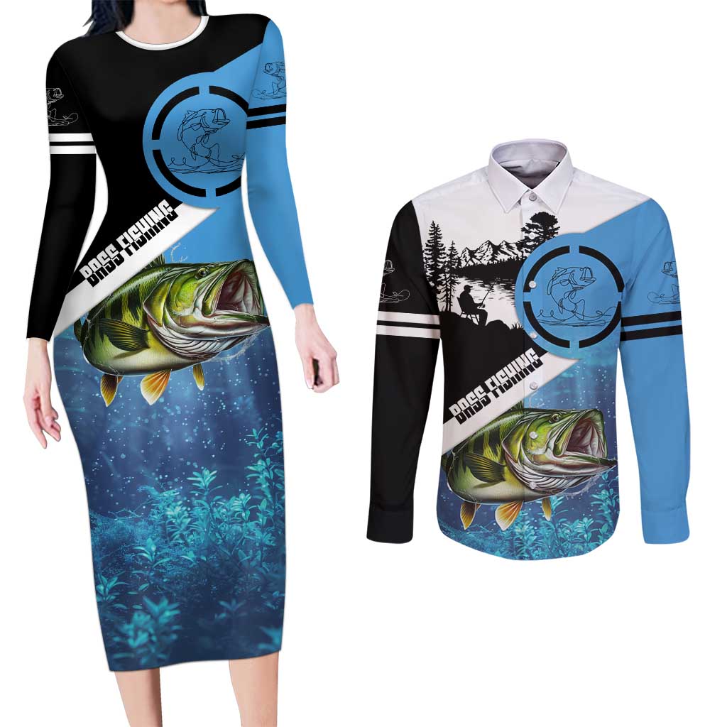 Largemouth Bass Fishing Underwater Graphic Couples Matching Long Sleeve Bodycon Dress and Long Sleeve Button Shirt Mountain Silhouette and Custom Name Design - Wonder Print Shop