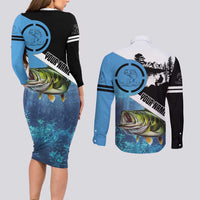 Largemouth Bass Fishing Underwater Graphic Couples Matching Long Sleeve Bodycon Dress and Long Sleeve Button Shirt Mountain Silhouette and Custom Name Design - Wonder Print Shop