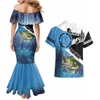 Largemouth Bass Fishing Underwater Graphic Couples Matching Mermaid Dress and Hawaiian Shirt Mountain Silhouette and Custom Name Design - Wonder Print Shop