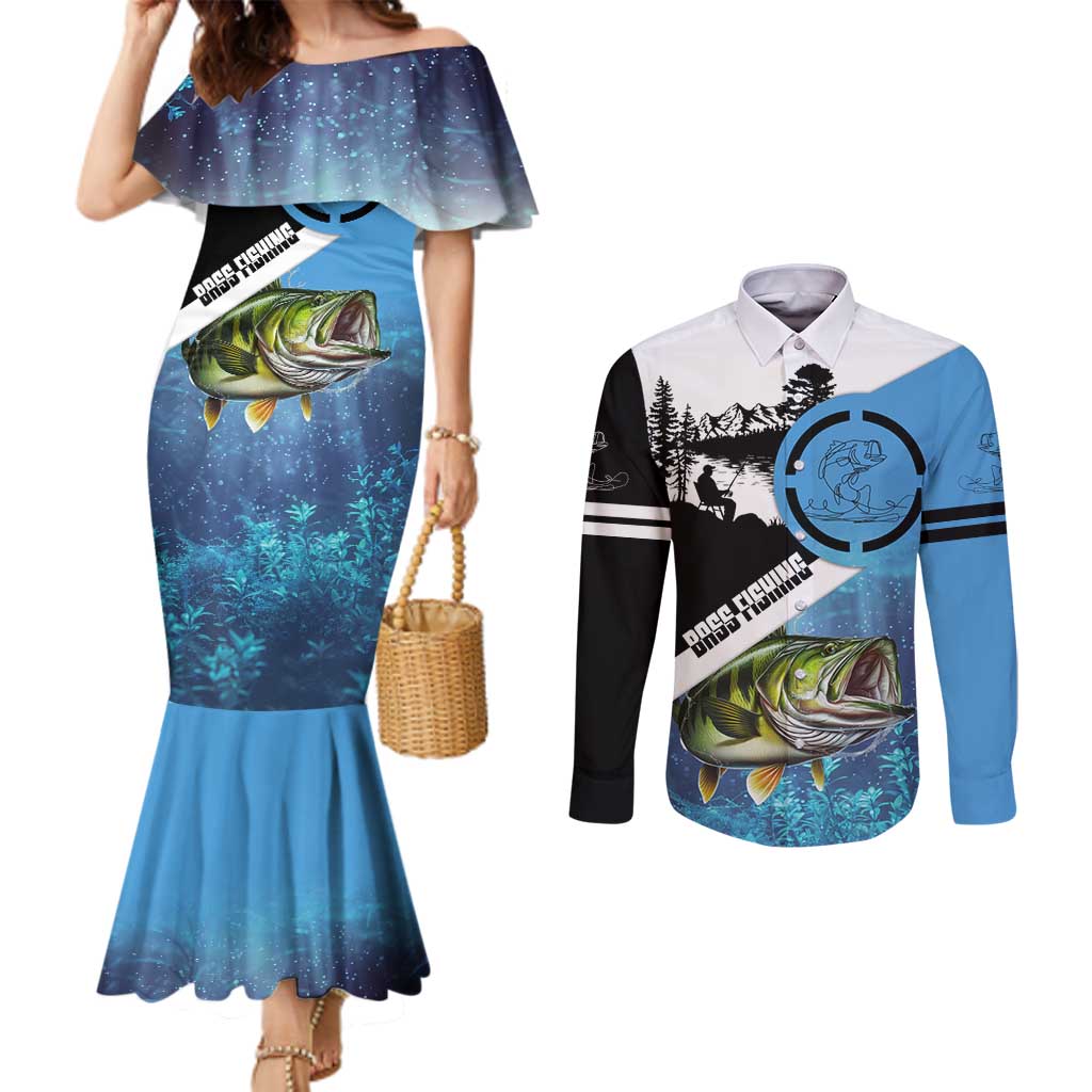 Largemouth Bass Fishing Underwater Graphic Couples Matching Mermaid Dress and Long Sleeve Button Shirt Mountain Silhouette and Custom Name Design - Wonder Print Shop
