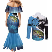 Largemouth Bass Fishing Underwater Graphic Couples Matching Mermaid Dress and Long Sleeve Button Shirt Mountain Silhouette and Custom Name Design - Wonder Print Shop