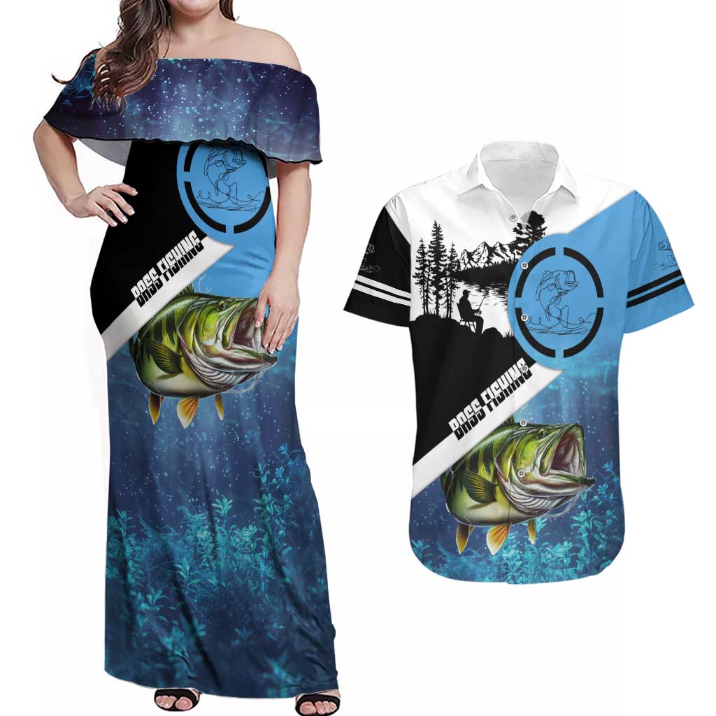 Largemouth Bass Fishing Underwater Graphic Couples Matching Off Shoulder Maxi Dress and Hawaiian Shirt Mountain Silhouette and Custom Name Design - Wonder Print Shop