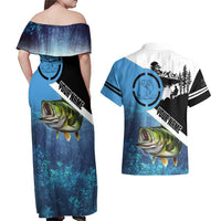 Largemouth Bass Fishing Underwater Graphic Couples Matching Off Shoulder Maxi Dress and Hawaiian Shirt Mountain Silhouette and Custom Name Design - Wonder Print Shop