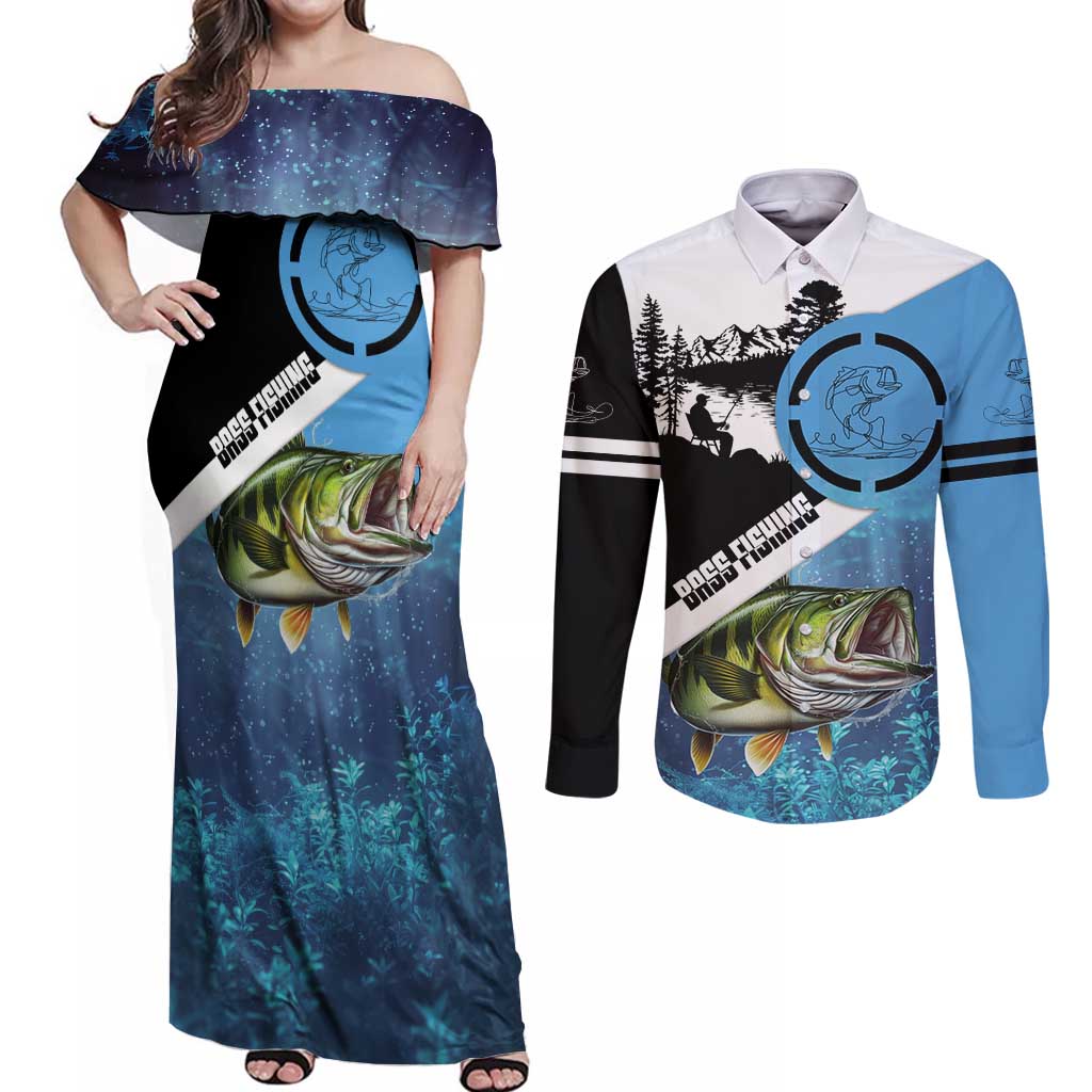 Largemouth Bass Fishing Underwater Graphic Couples Matching Off Shoulder Maxi Dress and Long Sleeve Button Shirt Mountain Silhouette and Custom Name Design - Wonder Print Shop