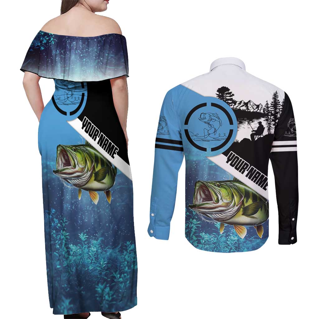 Largemouth Bass Fishing Underwater Graphic Couples Matching Off Shoulder Maxi Dress and Long Sleeve Button Shirt Mountain Silhouette and Custom Name Design - Wonder Print Shop