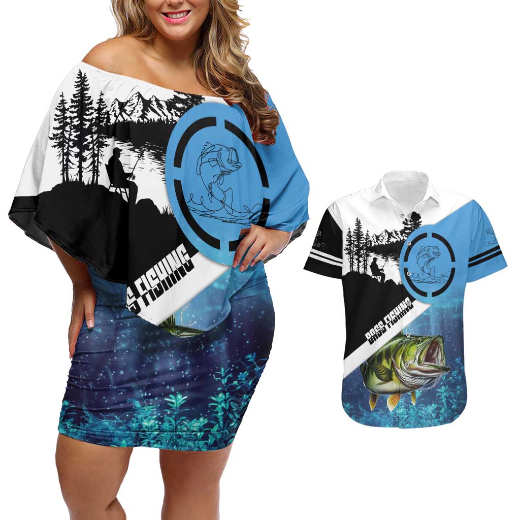 Largemouth Bass Fishing Underwater Graphic Couples Matching Off Shoulder Short Dress and Hawaiian Shirt Mountain Silhouette and Custom Name Design - Wonder Print Shop