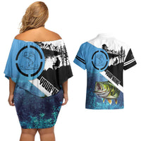Largemouth Bass Fishing Underwater Graphic Couples Matching Off Shoulder Short Dress and Hawaiian Shirt Mountain Silhouette and Custom Name Design - Wonder Print Shop