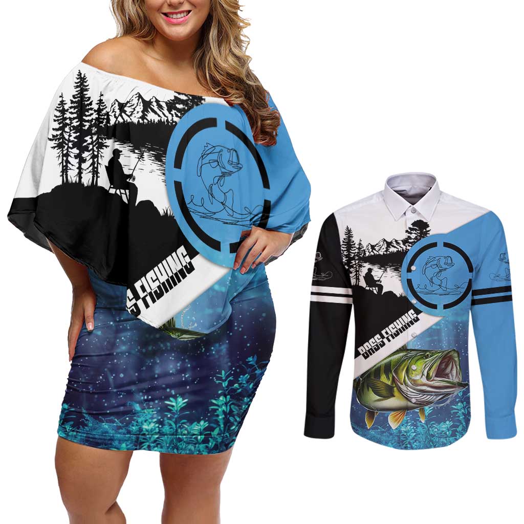Largemouth Bass Fishing Underwater Graphic Couples Matching Off Shoulder Short Dress and Long Sleeve Button Shirt Mountain Silhouette and Custom Name Design - Wonder Print Shop
