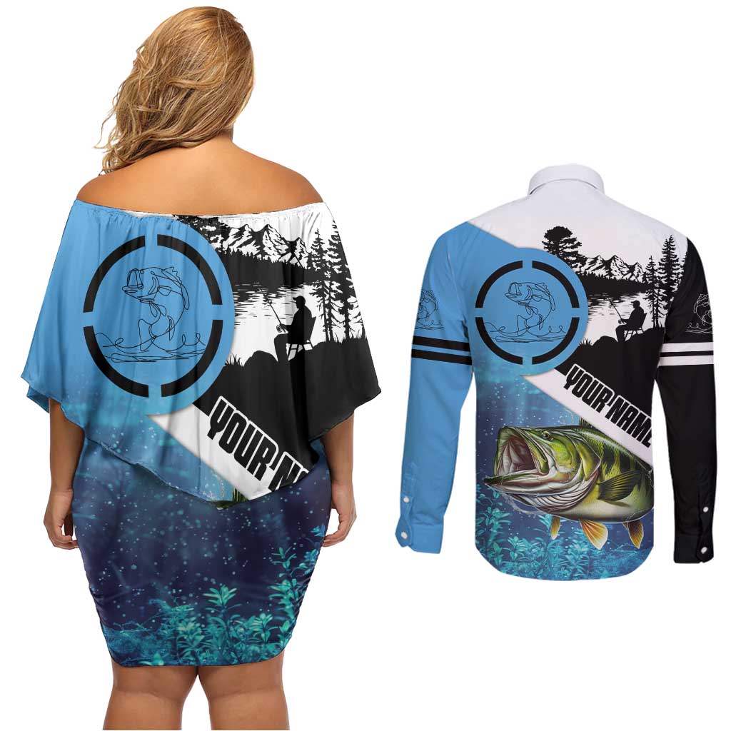 Largemouth Bass Fishing Underwater Graphic Couples Matching Off Shoulder Short Dress and Long Sleeve Button Shirt Mountain Silhouette and Custom Name Design - Wonder Print Shop