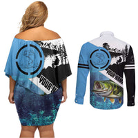 Largemouth Bass Fishing Underwater Graphic Couples Matching Off Shoulder Short Dress and Long Sleeve Button Shirt Mountain Silhouette and Custom Name Design - Wonder Print Shop