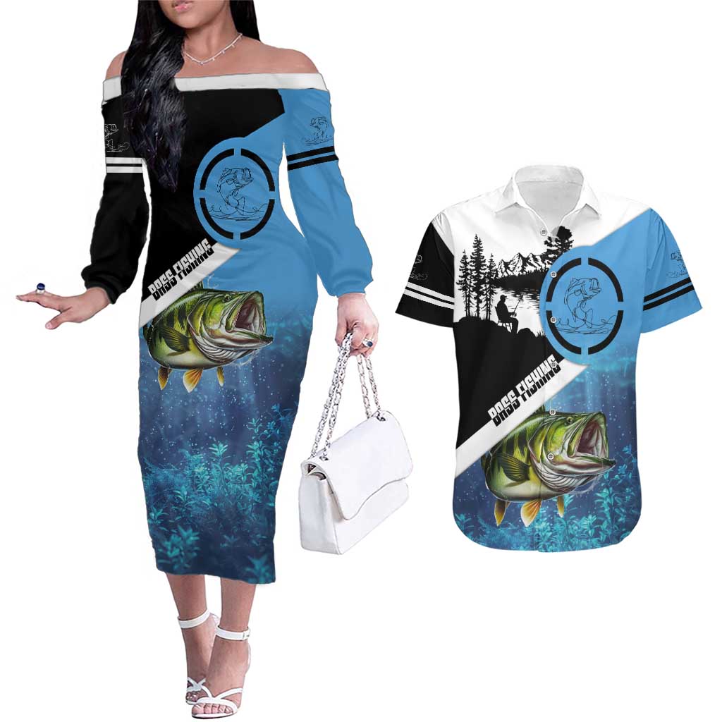 Largemouth Bass Fishing Underwater Graphic Couples Matching Off The Shoulder Long Sleeve Dress and Hawaiian Shirt Mountain Silhouette and Custom Name Design - Wonder Print Shop