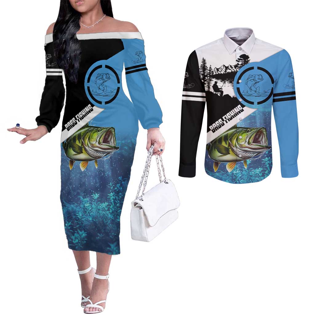 Largemouth Bass Fishing Underwater Graphic Couples Matching Off The Shoulder Long Sleeve Dress and Long Sleeve Button Shirt Mountain Silhouette and Custom Name Design - Wonder Print Shop