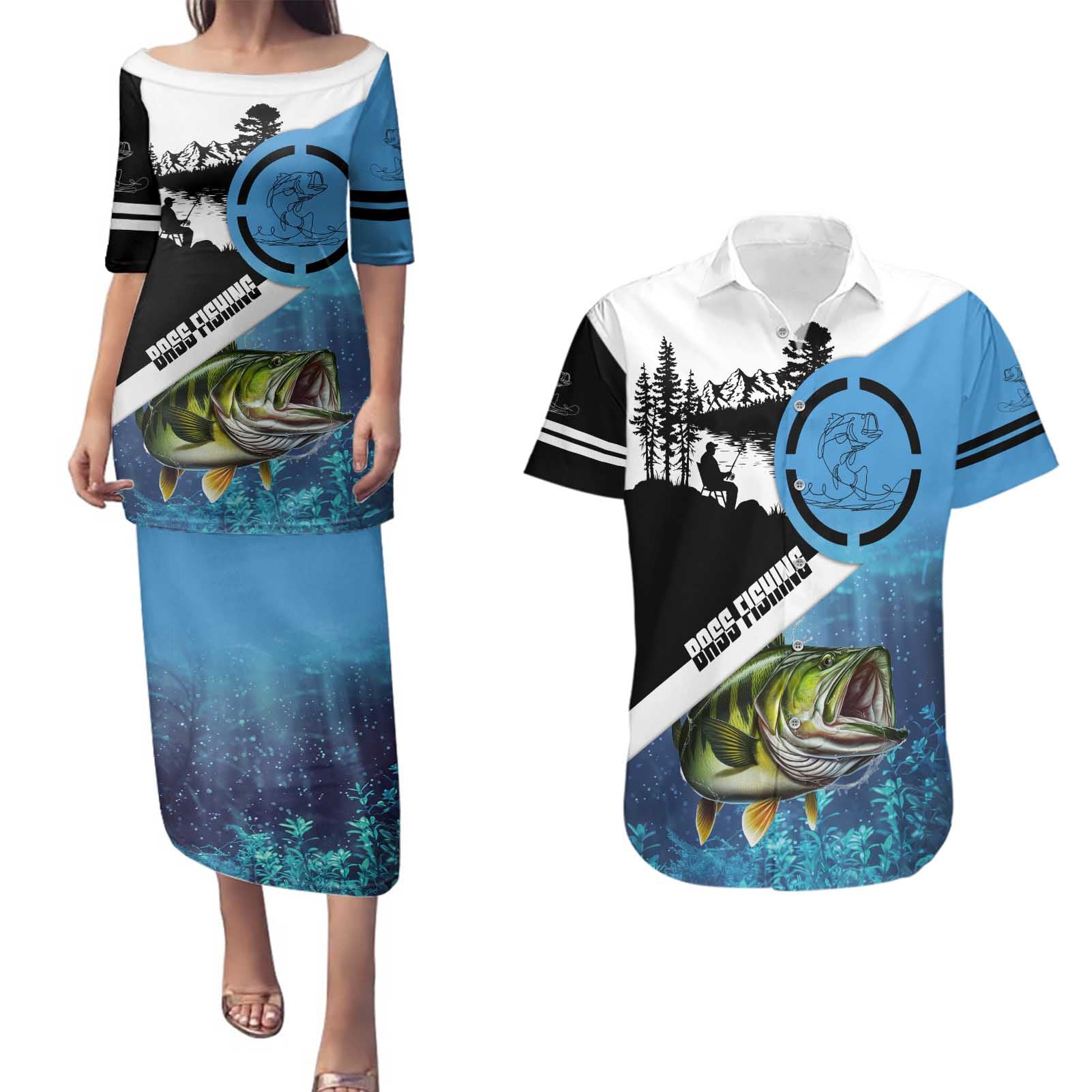 Largemouth Bass Fishing Underwater Graphic Couples Matching Puletasi and Hawaiian Shirt Mountain Silhouette and Custom Name Design - Wonder Print Shop
