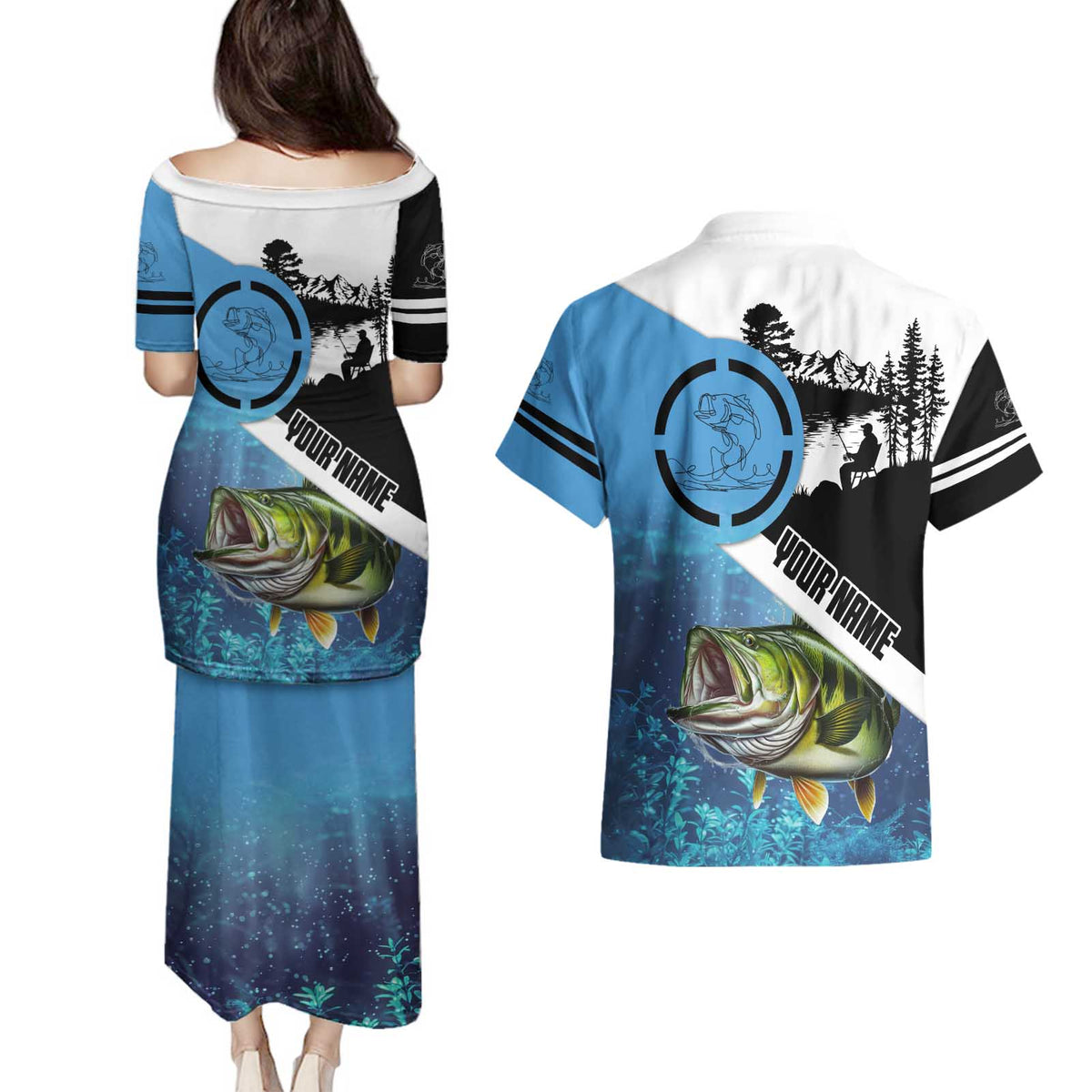 Largemouth Bass Fishing Underwater Graphic Couples Matching Puletasi and Hawaiian Shirt Mountain Silhouette and Custom Name Design - Wonder Print Shop