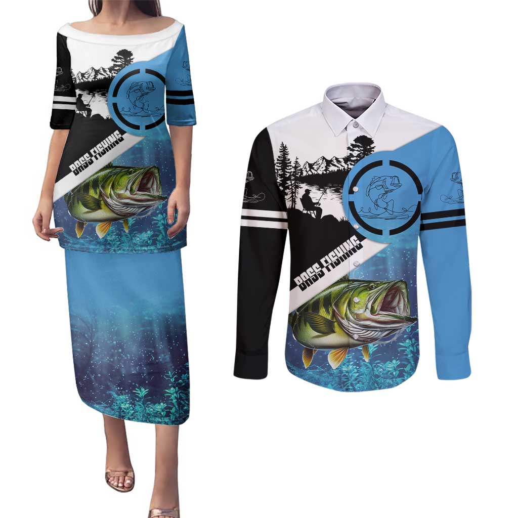Largemouth Bass Fishing Underwater Graphic Couples Matching Puletasi and Long Sleeve Button Shirt Mountain Silhouette and Custom Name Design - Wonder Print Shop