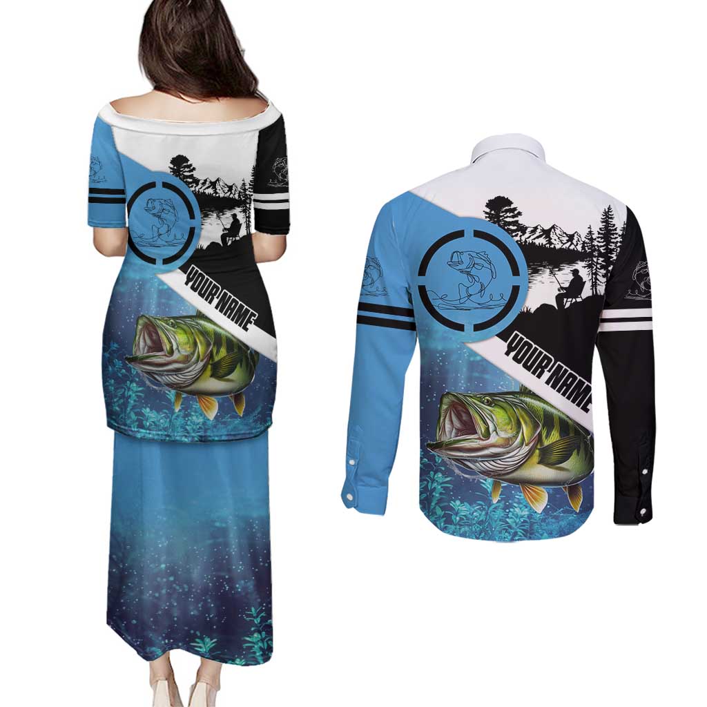 Largemouth Bass Fishing Underwater Graphic Couples Matching Puletasi and Long Sleeve Button Shirt Mountain Silhouette and Custom Name Design - Wonder Print Shop