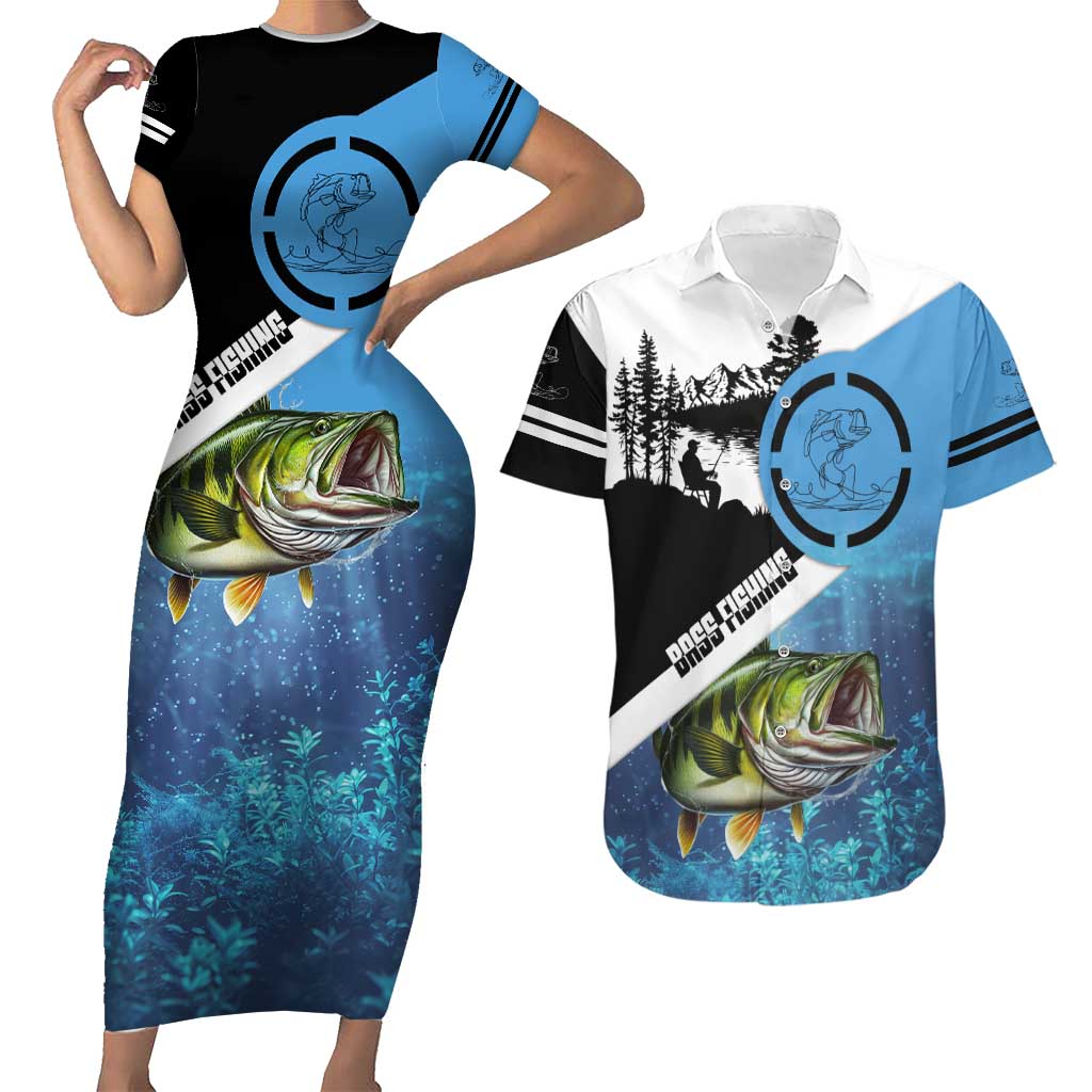 Largemouth Bass Fishing Underwater Graphic Couples Matching Short Sleeve Bodycon Dress and Hawaiian Shirt Mountain Silhouette and Custom Name Design - Wonder Print Shop