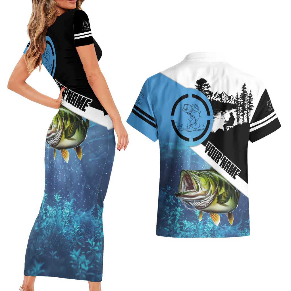 Largemouth Bass Fishing Underwater Graphic Couples Matching Short Sleeve Bodycon Dress and Hawaiian Shirt Mountain Silhouette and Custom Name Design - Wonder Print Shop