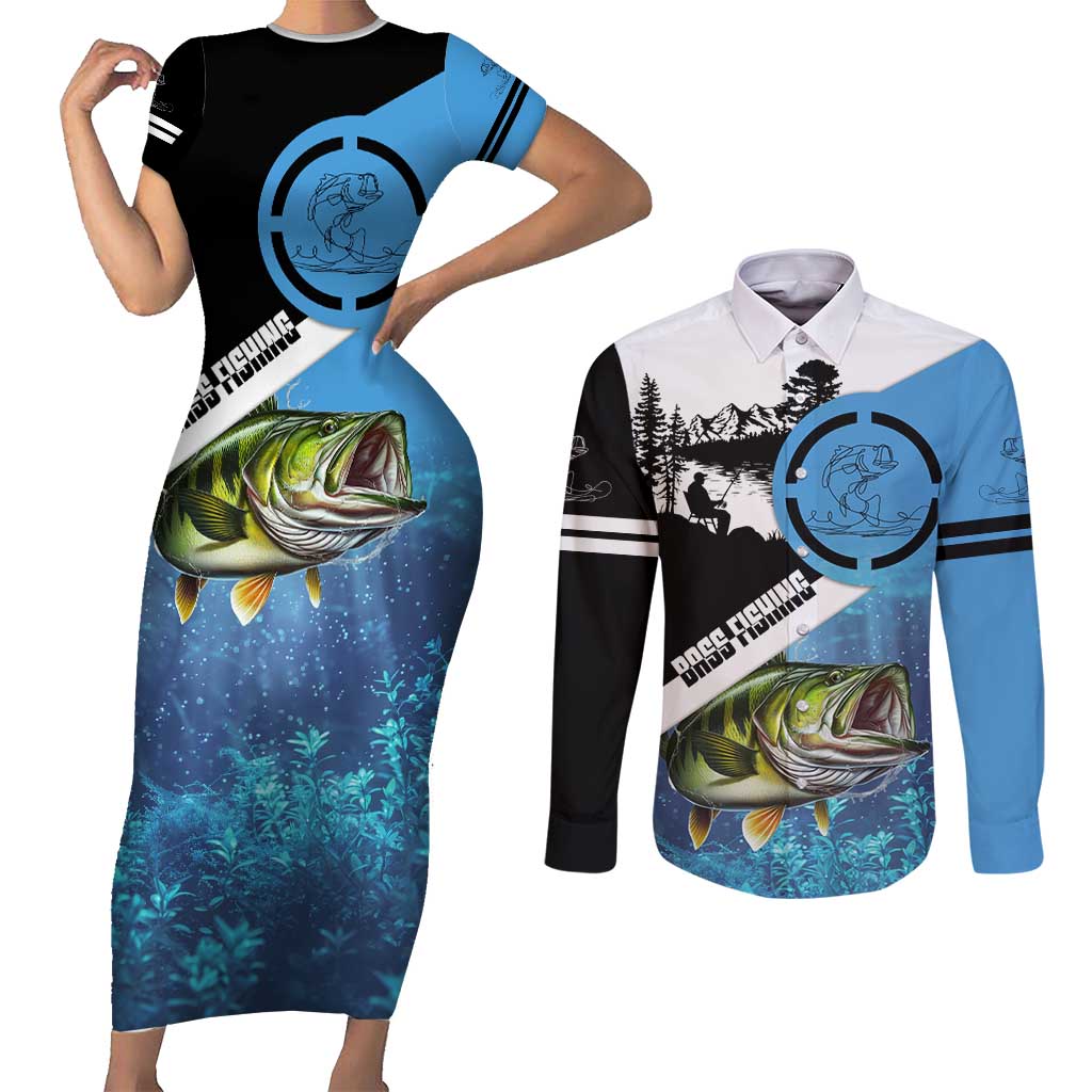 Largemouth Bass Fishing Underwater Graphic Couples Matching Short Sleeve Bodycon Dress and Long Sleeve Button Shirt Mountain Silhouette and Custom Name Design - Wonder Print Shop