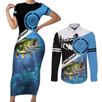 Largemouth Bass Fishing Underwater Graphic Couples Matching Short Sleeve Bodycon Dress and Long Sleeve Button Shirt Mountain Silhouette and Custom Name Design - Wonder Print Shop