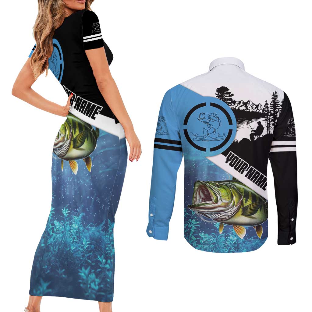 Largemouth Bass Fishing Underwater Graphic Couples Matching Short Sleeve Bodycon Dress and Long Sleeve Button Shirt Mountain Silhouette and Custom Name Design - Wonder Print Shop