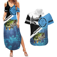 Largemouth Bass Fishing Underwater Graphic Couples Matching Summer Maxi Dress and Hawaiian Shirt Mountain Silhouette and Custom Name Design - Wonder Print Shop