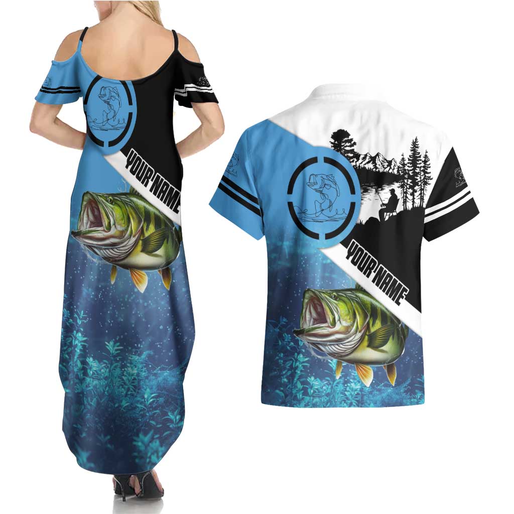 Largemouth Bass Fishing Underwater Graphic Couples Matching Summer Maxi Dress and Hawaiian Shirt Mountain Silhouette and Custom Name Design - Wonder Print Shop