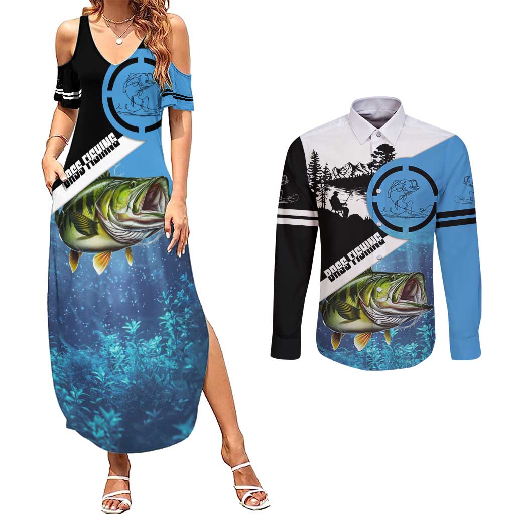 Largemouth Bass Fishing Underwater Graphic Couples Matching Summer Maxi Dress and Long Sleeve Button Shirt Mountain Silhouette and Custom Name Design - Wonder Print Shop