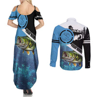 Largemouth Bass Fishing Underwater Graphic Couples Matching Summer Maxi Dress and Long Sleeve Button Shirt Mountain Silhouette and Custom Name Design - Wonder Print Shop