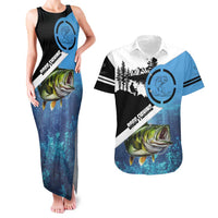 Largemouth Bass Fishing Underwater Graphic Couples Matching Tank Maxi Dress and Hawaiian Shirt Mountain Silhouette and Custom Name Design - Wonder Print Shop